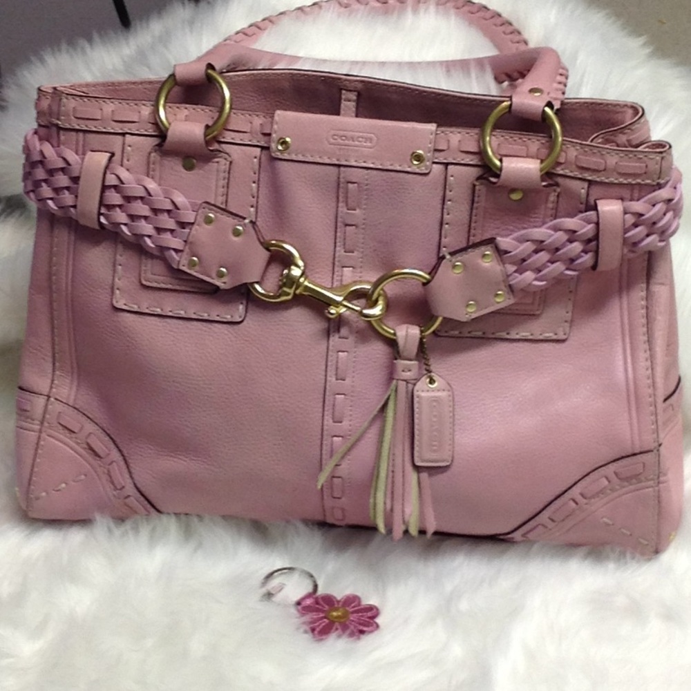 Coach Hampton pink pebbled leather satchel.